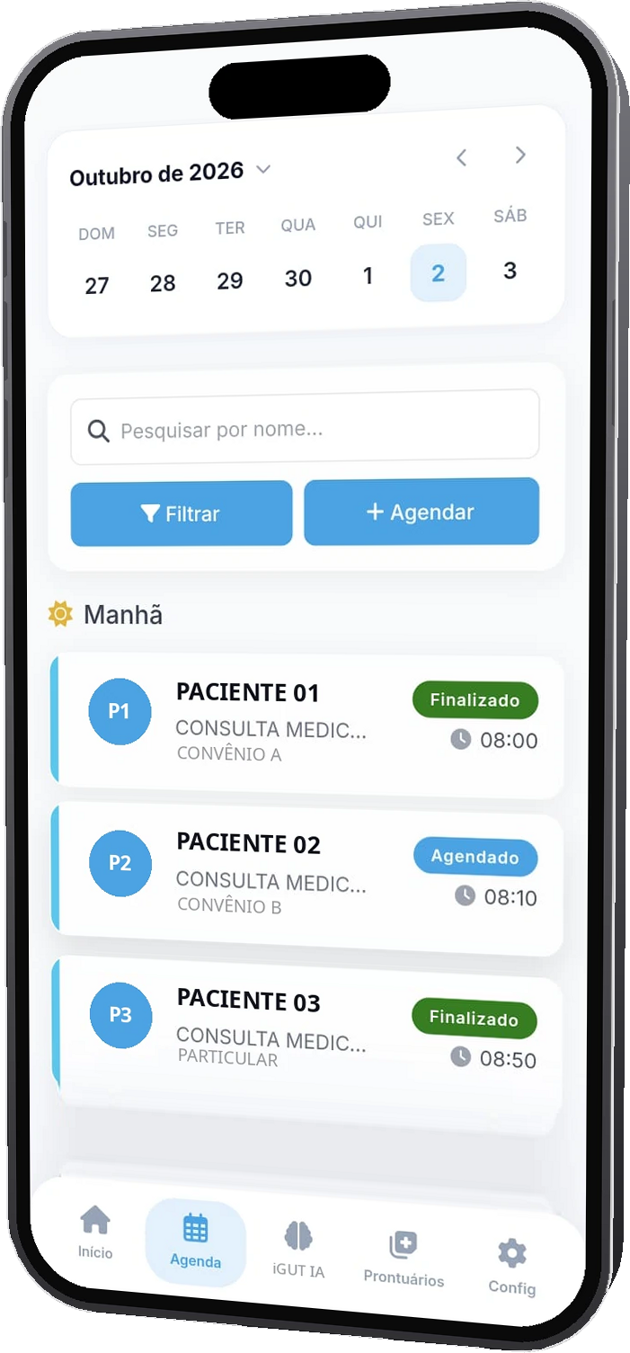 Aplicativo do iGUT Clínicas em um celular: agenda do dia com a data, a busca por nome, os botões de filtrar e agendar e a lista de consultas da manhã, cada uma com horário, paciente, convênio e situação
